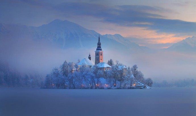 Bled, Lake, Island, winter magical, landscape, slovenia, fog, sunrise