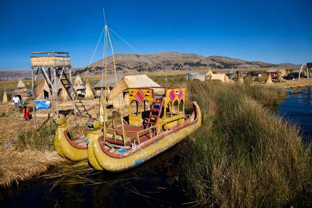 The floating and tourist  Islands of lake Titikaka Puno Peru South America